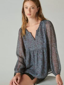 Lucky Brand open neck printed peasant top blue multi*WOMEN Blouses