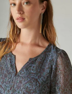 Lucky Brand open neck printed peasant top blue multi*WOMEN Blouses