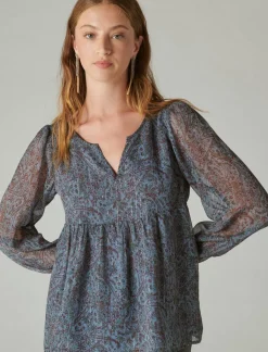 Lucky Brand open neck printed peasant top blue multi*WOMEN Blouses