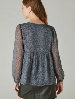 Lucky Brand open neck printed peasant top blue multi*WOMEN Blouses