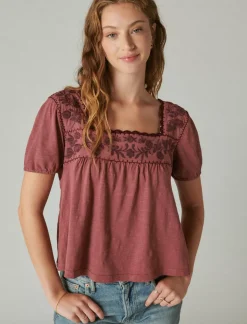 Lucky Brand overdyed embroidered peasant top apple butter*WOMEN Blouses