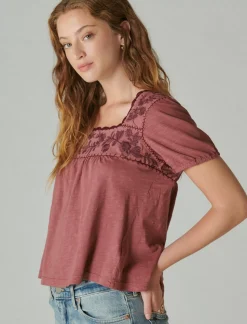 Lucky Brand overdyed embroidered peasant top apple butter*WOMEN Blouses