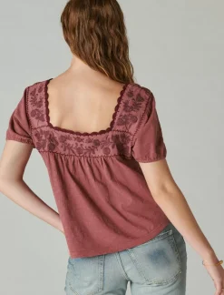 Lucky Brand overdyed embroidered peasant top apple butter*WOMEN Blouses