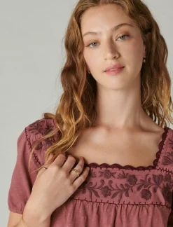 Lucky Brand overdyed embroidered peasant top apple butter*WOMEN Blouses