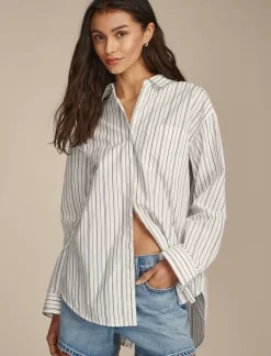 Lucky Brand oversized button back top natural/blue stripe*WOMEN Blouses