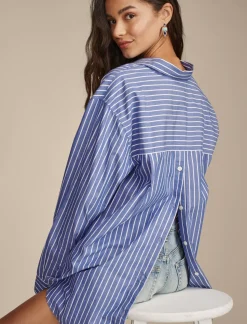 Lucky Brand oversized button back top blue stripe*WOMEN Blouses