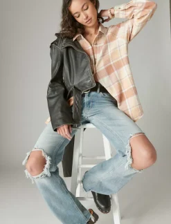 Lucky Brand oversized distressed plaid flannel tunic cafe au lait plaid*WOMEN Blouses