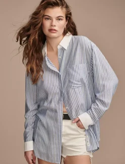 Lucky Brand oversized drapey button down blue stripe mix*WOMEN Blouses
