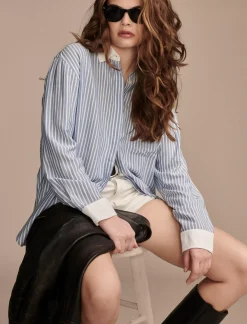 Lucky Brand oversized drapey button down blue stripe mix*WOMEN Blouses