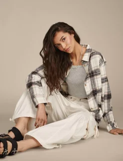 Lucky Brand oversized plaid boyfriend pocket shirt black plaid*WOMEN Blouses