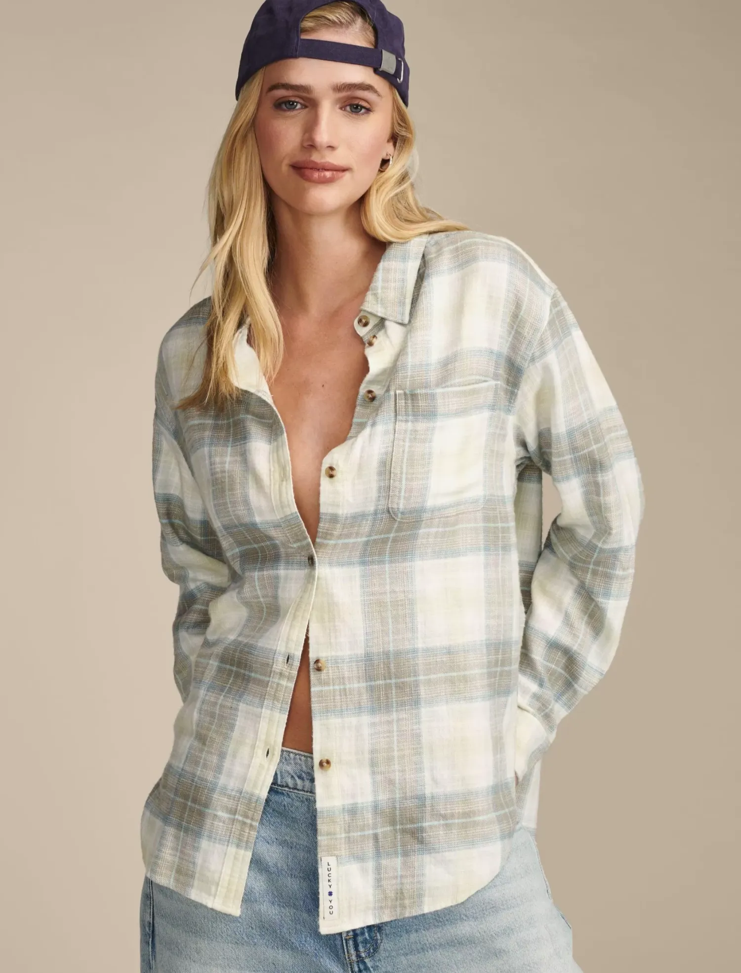 Lucky Brand oversized plaid boyfriend pocket shirt olive plaid*WOMEN Blouses