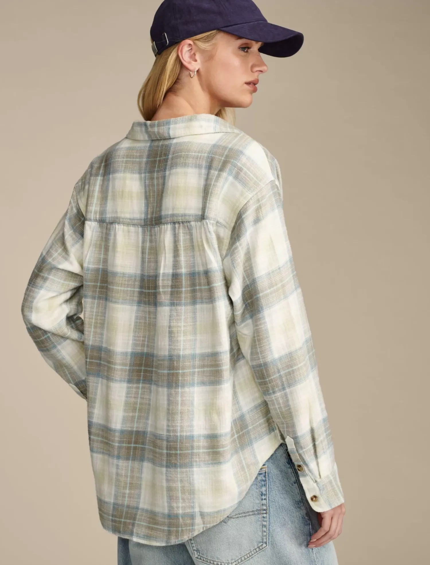 Lucky Brand oversized plaid boyfriend pocket shirt olive plaid*WOMEN Blouses