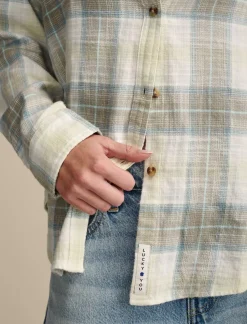 Lucky Brand oversized plaid boyfriend pocket shirt olive plaid*WOMEN Blouses