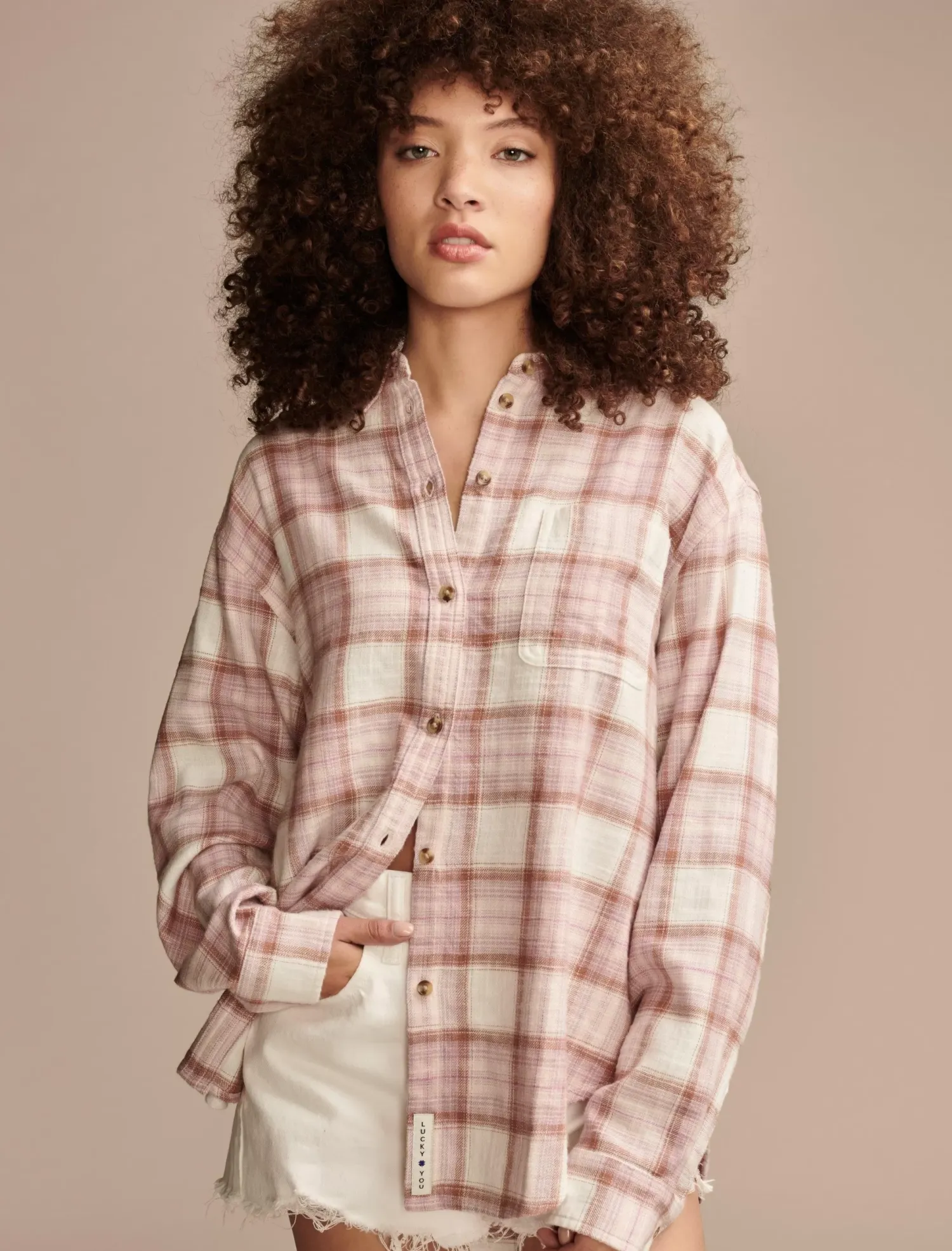 Lucky Brand oversized plaid boyfriend pocket shirt sepia rose plaid*WOMEN Blouses