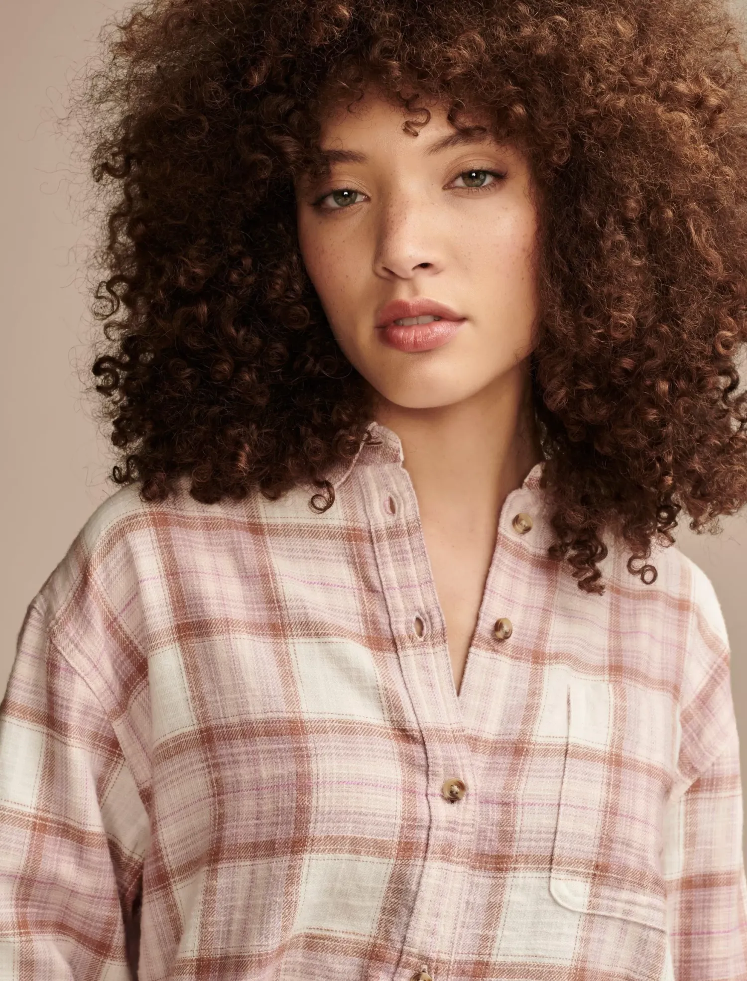 Lucky Brand oversized plaid boyfriend pocket shirt sepia rose plaid*WOMEN Blouses