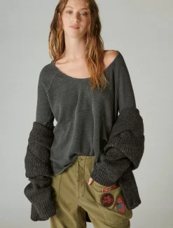 Lucky Brand oversized v neck waffle thermal jet black*WOMEN Knit Tops