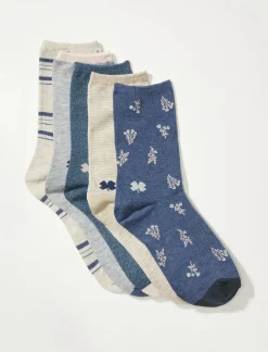 Lucky Brand 5pack pack ditsy and plaid print crew socks open blue/turquoise*WOMEN Socks