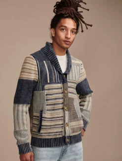 Lucky Brand patchwork shawl cardigan denim combo*MEN Sweaters