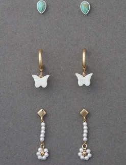 Lucky Brand pearl and butterfly earring trio two tone*WOMEN Jewelry