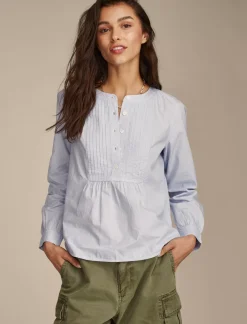 Lucky Brand pintuck bib blouse blue stripe*WOMEN Blouses