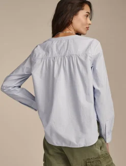Lucky Brand pintuck bib blouse blue stripe*WOMEN Blouses