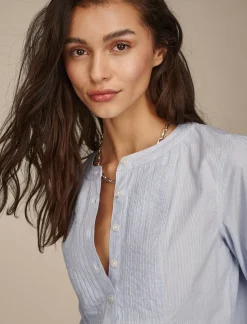 Lucky Brand pintuck bib blouse blue stripe*WOMEN Blouses
