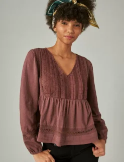 Lucky Brand pintuck lace long sleeve top huckleberry*WOMEN Knit Tops