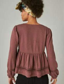 Lucky Brand pintuck lace long sleeve top huckleberry*WOMEN Knit Tops