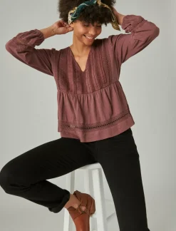 Lucky Brand pintuck lace long sleeve top huckleberry*WOMEN Knit Tops