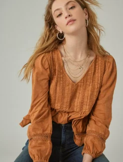 Lucky Brand pintuck lace long sleeve top glazed ginger*WOMEN Knit Tops