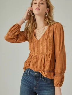 Lucky Brand pintuck lace long sleeve top glazed ginger*WOMEN Knit Tops