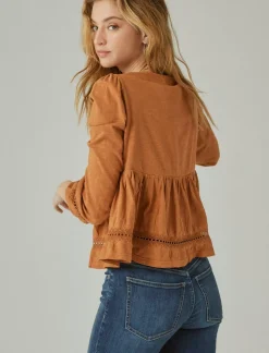 Lucky Brand pintuck lace long sleeve top glazed ginger*WOMEN Knit Tops