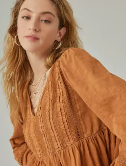 Lucky Brand pintuck lace long sleeve top glazed ginger*WOMEN Knit Tops