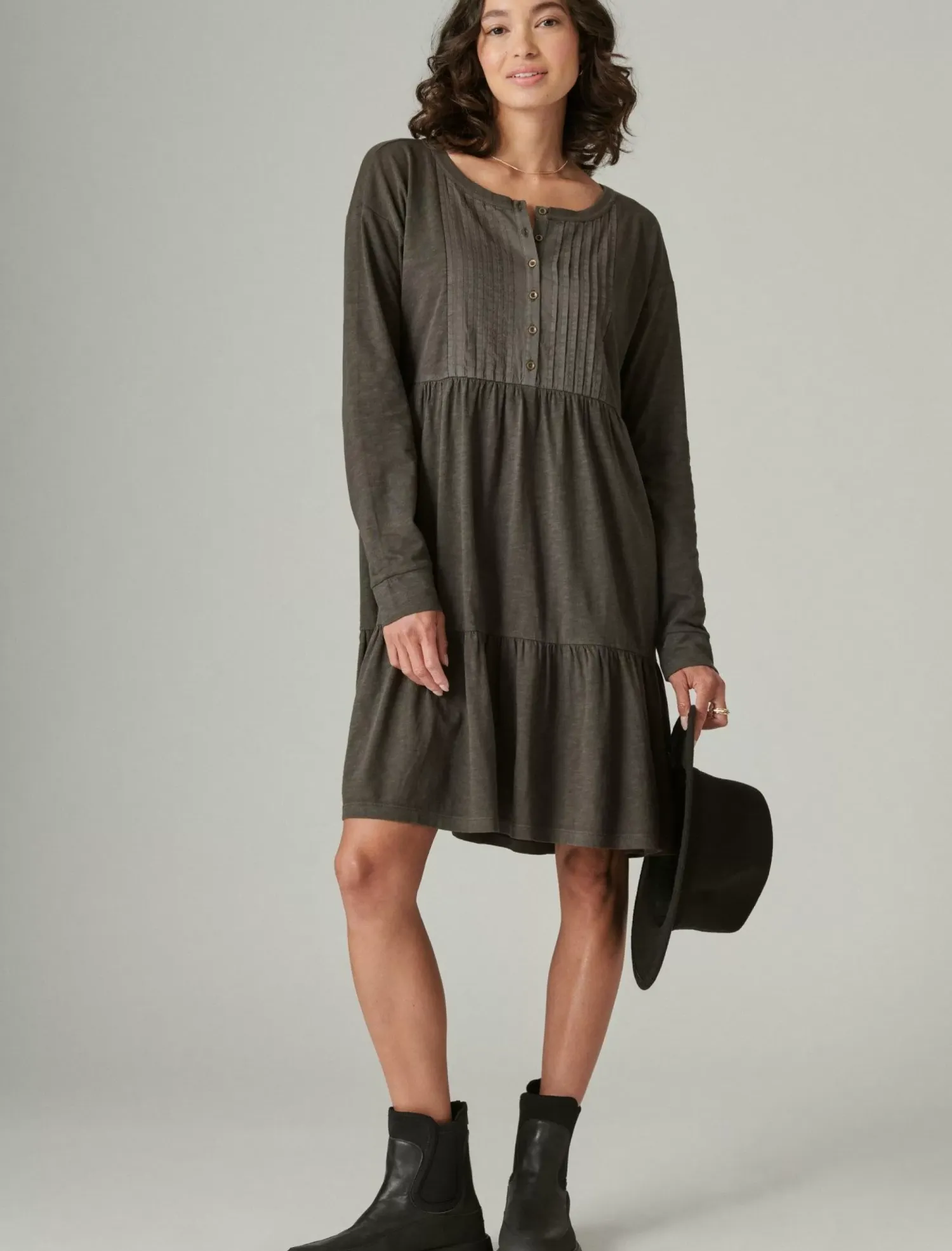 Lucky Brand pintuck tiered knit henley dress raven*WOMEN Dresses