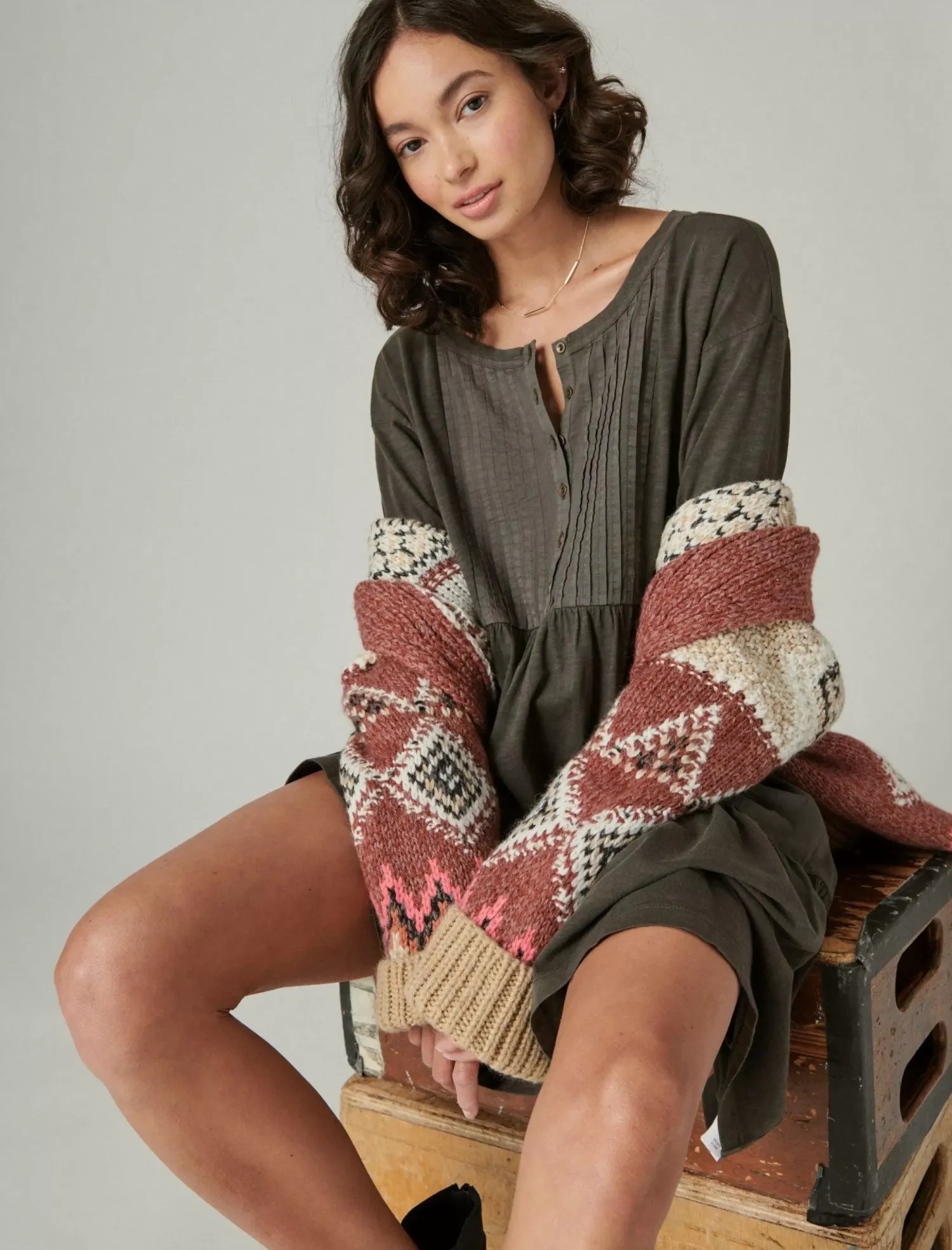 Lucky Brand pintuck tiered knit henley dress raven*WOMEN Dresses