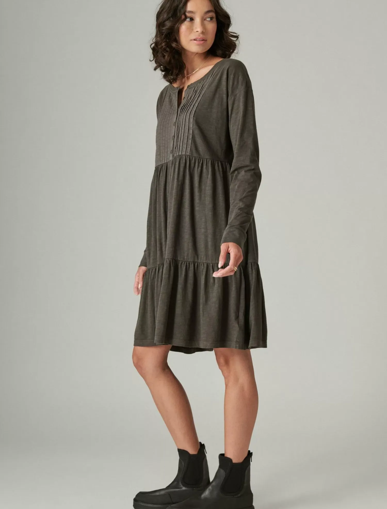 Lucky Brand pintuck tiered knit henley dress raven*WOMEN Dresses