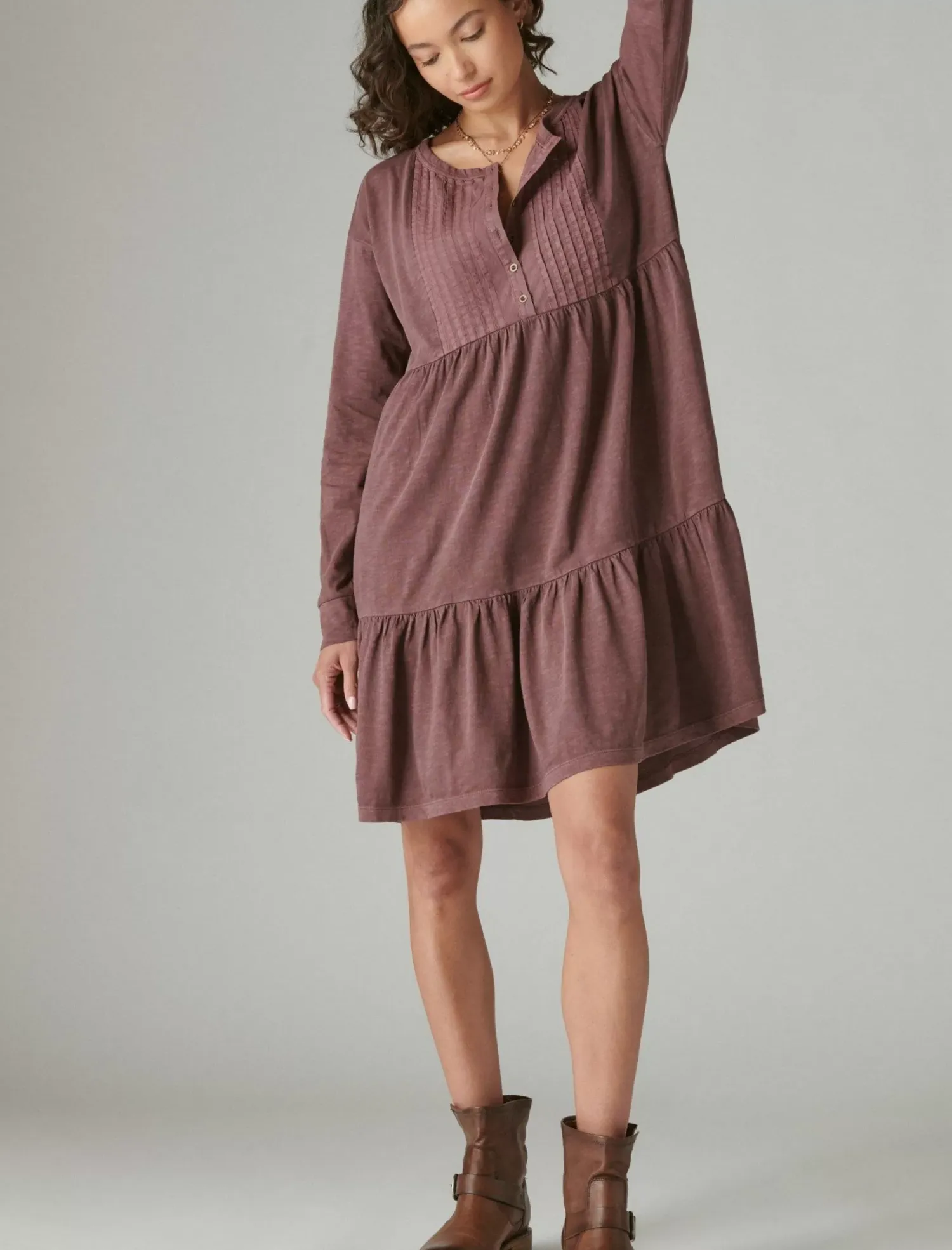Lucky Brand pintuck tiered knit henley dress huckleberry*WOMEN Dresses