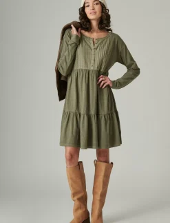 Lucky Brand pintuck tiered knit henley dress dusty olive*WOMEN Dresses