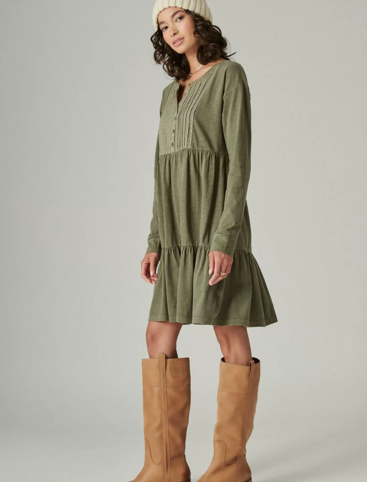 Lucky Brand pintuck tiered knit henley dress dusty olive*WOMEN Dresses
