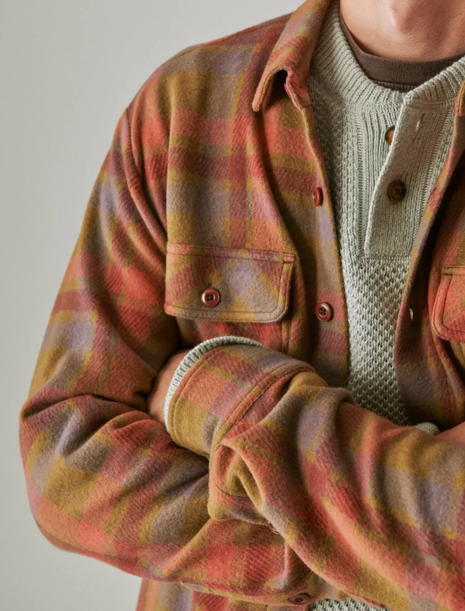 Lucky Brand plaid brushed knit long sleeve shirt beige multi*MEN Button-Downs