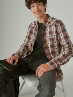 Lucky Brand plaid dobby western long sleeve shirt red dobby plaid*MEN Button-Downs