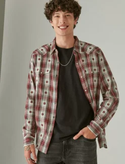 Lucky Brand plaid dobby western long sleeve shirt red dobby plaid*MEN Button-Downs