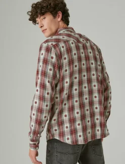 Lucky Brand plaid dobby western long sleeve shirt red dobby plaid*MEN Button-Downs