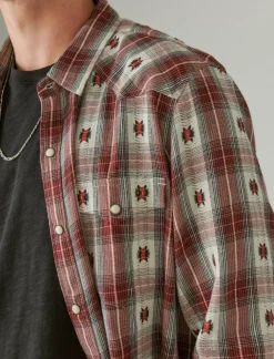 Lucky Brand plaid dobby western long sleeve shirt red dobby plaid*MEN Button-Downs