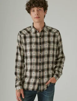 Lucky Brand plaid dobby western long sleeve shirt black dobby plaid*MEN Button-Downs