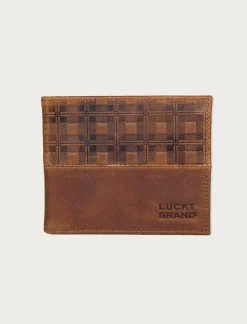 Lucky Brand plaid embossed leather bifold wallet dark brown*MEN Bags & Wallets