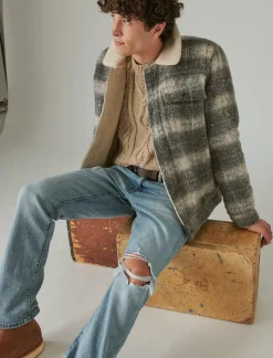 Lucky Brand plaid faux shearling lined trucker jacket grey plaid*MEN Jackets & Outerwear