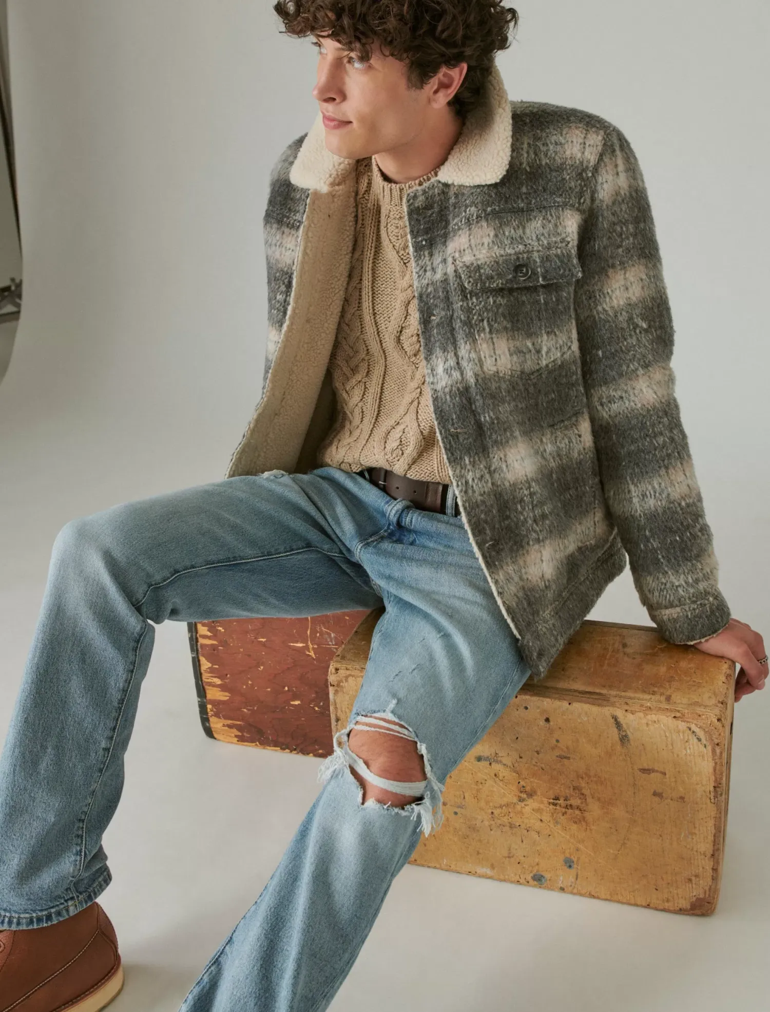 Lucky Brand plaid faux shearling lined trucker jacket grey plaid*MEN Jackets & Outerwear