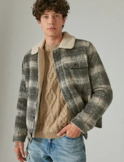 Lucky Brand plaid faux shearling lined trucker jacket grey plaid*MEN Jackets & Outerwear