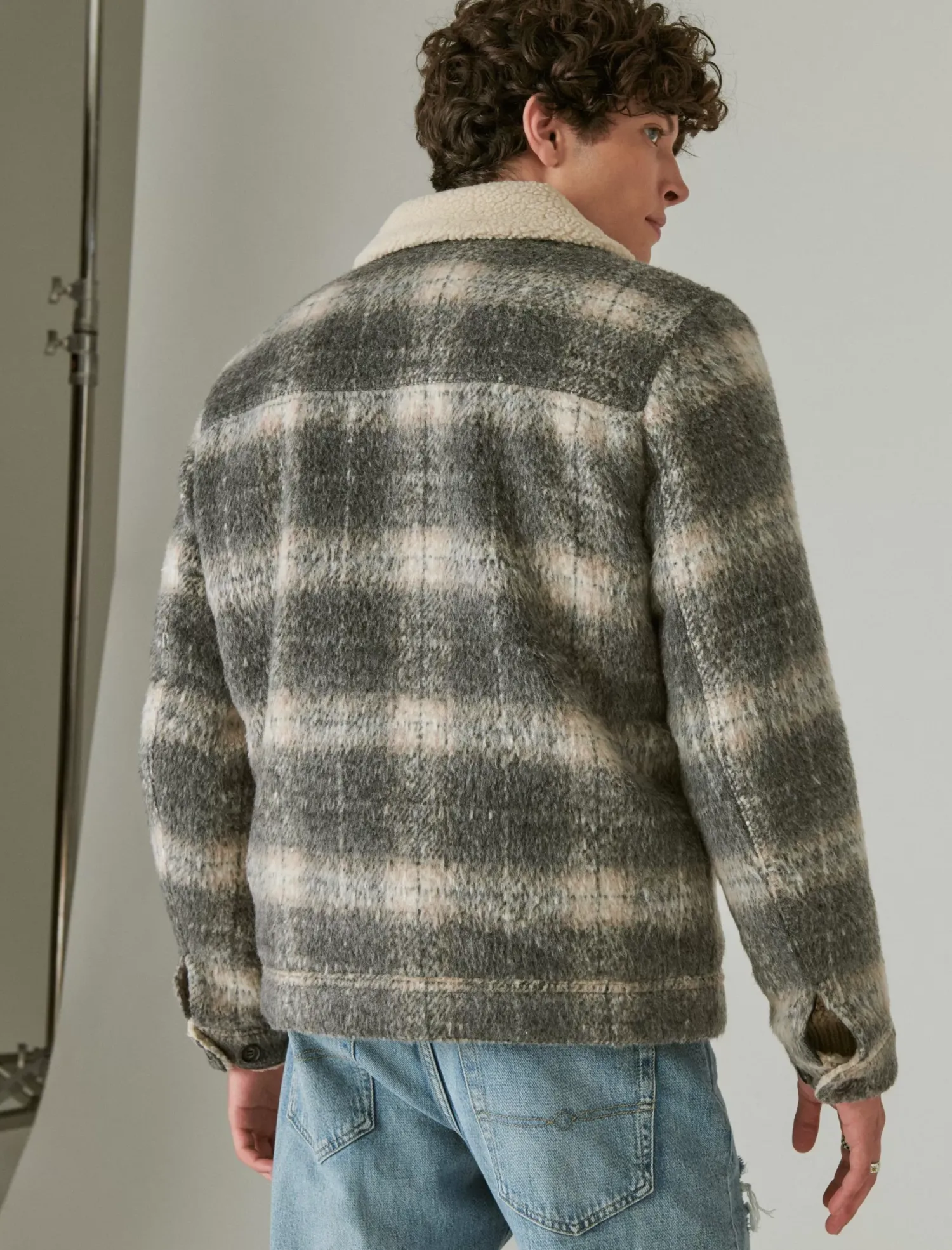 Lucky Brand plaid faux shearling lined trucker jacket grey plaid*MEN Jackets & Outerwear
